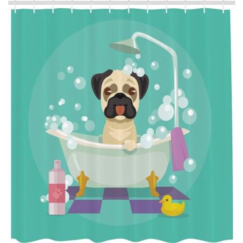 Nursery Decor Collection Pug Dog in Bathtub Grooming Doggy Puppy Salon Service Shampoo Rubber Duck Shower Curtain