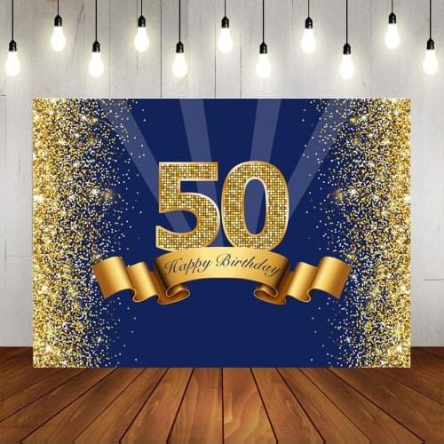 Happy 50th Birthday Photography Backdrop Navy Blue And Glitter Gold Background Shiny Men Fifty Years Old Age Party Decorations