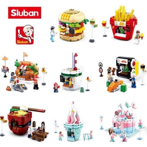 Sluban Mini City Street View Series Cake Hamburger Building Blocks Dolls Toys For Childs Toys For Girl Birthday Christmas Gifts