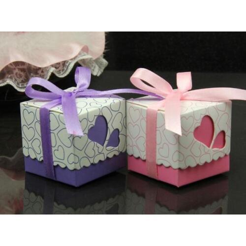 Square Wedding Favor Boxes Wedding Candy Box Casamento Wedding Favors And Gifts Purple pink with ribbon100pcs