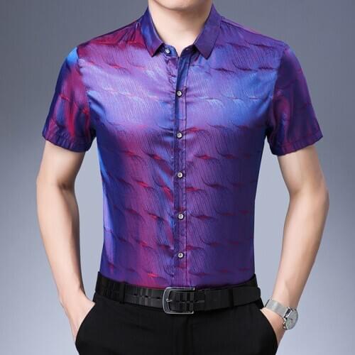Summer Mens Fashion 2020 Silk Shirts Mens Casual Blouse Satin Purple Wedding Dress Blue Dress Plus Size Mens Shirts Gradient