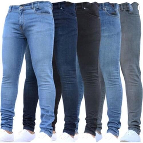 2021 Mens Hot Solid Skinny Denim Pants Pencil Zipper Stretch Jeans Casual Slim Cotton Hip Hop Streetwear Blue Black Male Fashion