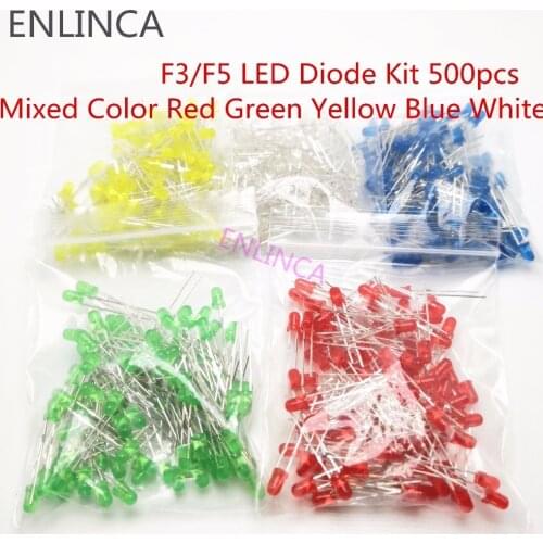 500pcs LED diode kit F3 3mm F5 5mm Light Assorted Kit LEDs Set Round White Yellow Red Green Blue electronic diy kit