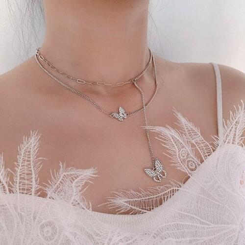 Origin Summer Double-Layer Butterfly Pendant Necklace for Women Girls Silver Color Metallic Chain Rhinestone Necklace Jewelry