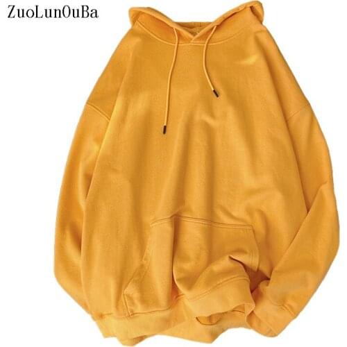 Autumn Winter Women Sweatshirt Coat Yellow Simple Hoodie Long Sleeved Fleece All Match Loose Pullover