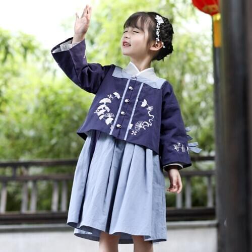 Autumn Girls Chinese National Style Sets Embroidery T-Shirt+skirt 2PCS Suit Children Traditional Tang Dynasty Girl Hanfu Clothes