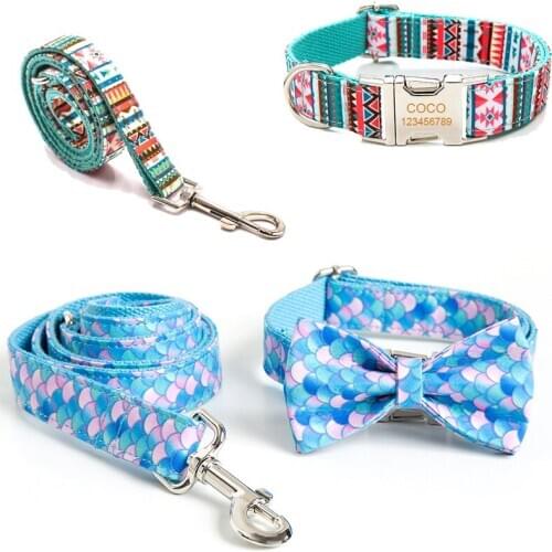 Dog Collar Personalized Engraved Adjustable Custom Dog Collars Small Medium Large Dogs Collar Leash Lead Detachable bow tie Set