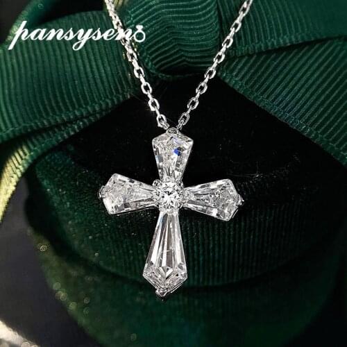 PANSYSEN 100% 925 Sterling Silver High Carbon Gemstone Simulated Moissanite Pendant Necklaces Luxury Cross Wedding Fine Jewelry