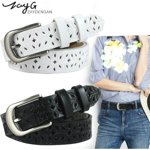 ZAYG Fashion Wide Genuine Leather Belt Women Floral Carved Cow Skin Belts for Female Jeans Quality luxury Vintage Hollow Belt