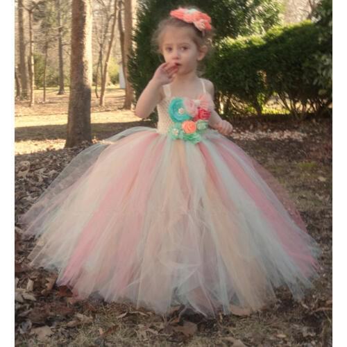 Colorful Girls Flower Tutu Dress Kids Crochet Tulle Long Dress Ball Gown with Headband Set Children Wedding Party Costume Dress