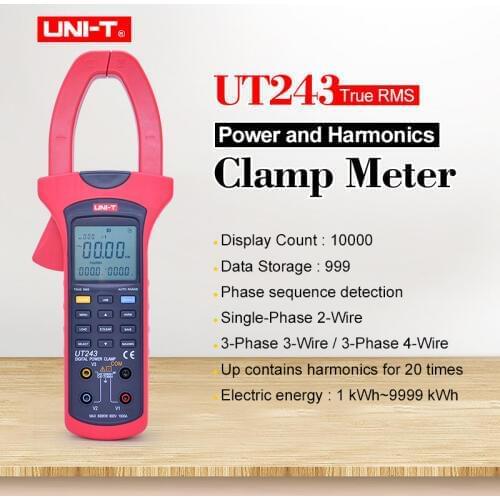 UNI-T UT243 Power and Harmonics Clamp Meter Ture RMS Data hold Digital multimeter AC voltmeter Ammeter 40~80Hz Frequency tester