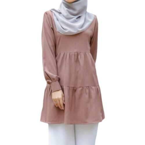 Women Muslim Long Sleeve Tunic Tops Ruffles Hem Solid Color Loose Shirt Malaysia Turkey Abaya Islamic Dubai Blouse