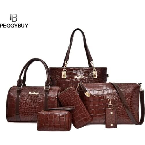 6pcs/set Alligator Pattern Shoulder Handbags Clutch Leather Women Card Bags Fashion Ladies Hit Color Luxury Shoulder Handbag