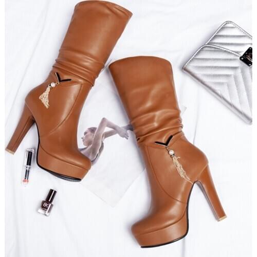 Big Size 34-43 Elegant Black Pleated mid-calf Boots Women 2020 Platform Boots Ladies slip-on High Heels Shoes Woman