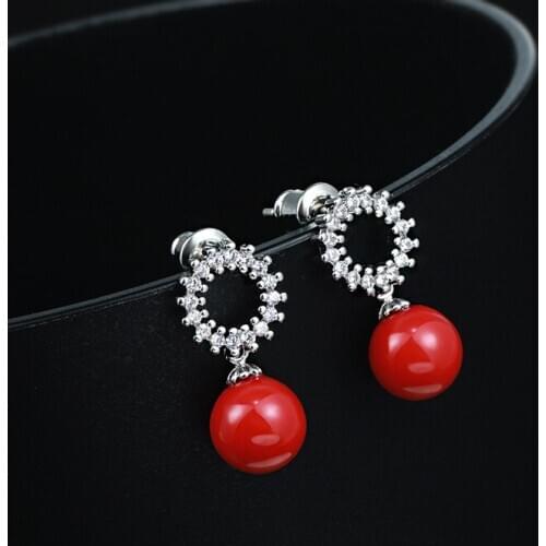 LADYCHIC Cubic Zirconia Pearl Earrings for Women Girls Fashion Red & White Beads Silver Color Stud Earring Jewelry Gifts LE1444