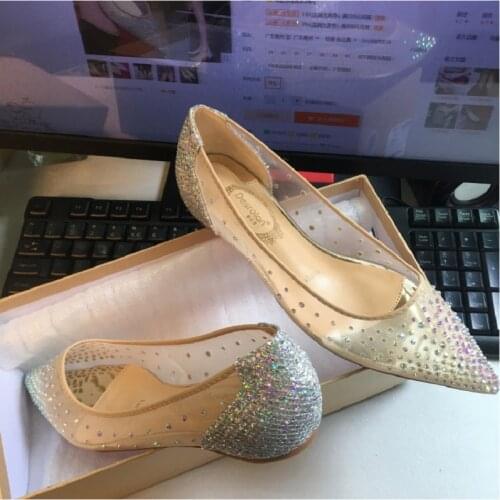 2020 autumn new flat mesh rhinestone pointed toe shoes women wild fashion nude crystal shoes shallow mouth wedding shoes