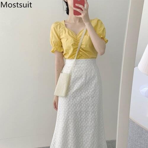 2020 Summer Fashion Korean 2 Piece Skirt Outfits Sets Women V-neck Short Tops + Lace Skirt Suits Casual Ladies Sweet Sets