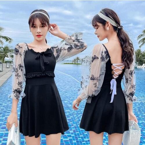 2021 New Korean Sexy Swimsuit Women Swimwear One Piece Bodysuit Push Up Monokini Halter Bathing Suits Long Sleeve Beachskirt