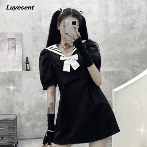 Dark Gothic Lady Black Mini Dress Sailor Collar Women High Waist White Bow Short Sleeve Lolita Dresses Harajuku Street Vestidos