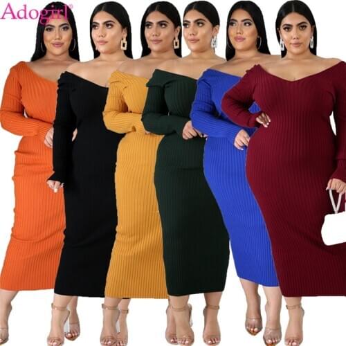 Adogirl XL-5XL Plus Size Ribbed Dress Women Solid Sexy V Neck Off Shoulder Long Sleeve Bodycon Maxi Casual Dresses