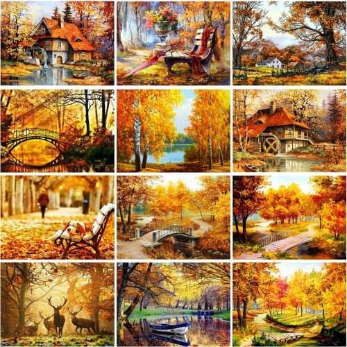 5D DIY Diamond Painting Landscape Autumn Tree Fallen Leaves Diamond Mosaic Picture Diamond Embroidery Set Home Decoration Gift
