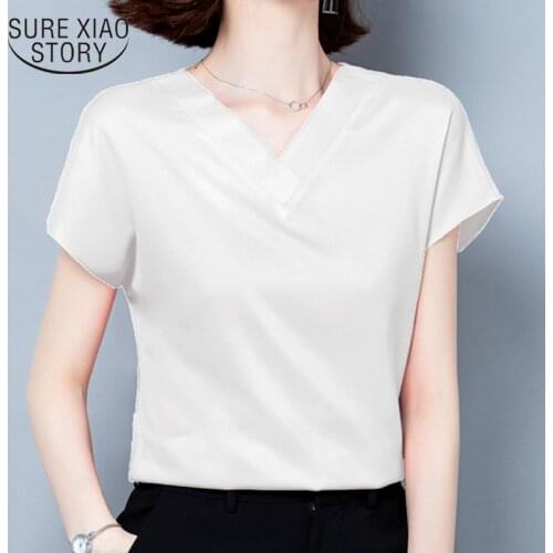 Blusas 2020 Summer Plus Size Blouses Shirts Casual Women Solid Temperament Short Sleeve V-neck Soft Silk Satin Tops Blouse 9853