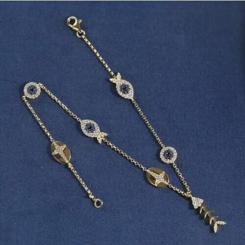 Brand 925 Sterling Silver Cubic Zirconia Yellow Gold Color Conch Shell Eye Fish Anklet Women Fine Fashion Summer Jewelry