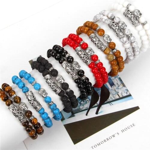 2Pcs/Set Tiger Eye Bracelets For Men Women Buddha Charm Bracelet Set Turquoises Porcelain Lava Yoga Meditation Couple Jewelry