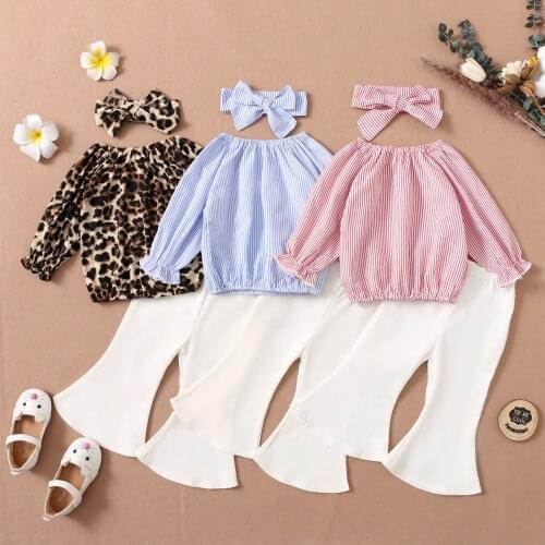 Kids Girl Clothes Set Baby Girl Autumn Long Sleeve Stripe Leopard T-Shirt Flare Pants Headband 3PCS Outfit Children Clothing Set