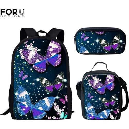 FORUDESIGNS 3D Beautiful Butterfly Art Print Women Girls Backpack Set Multifunction Durable School Bags Casual Daypack For Teens