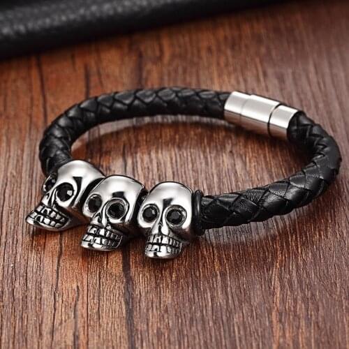 Fashion Charm Bracelets Stainless Bracelets men Genuine Leather Bracelet for women Skull Punk Stainless Steel Magnetic Buckle
