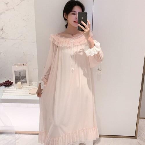 Fashion Sleepshirts Nightgown Ladies Lingerie Womens Sexy Sleepwear Long Sleeve Nightdress Nightwear Lace Palace Style Dress