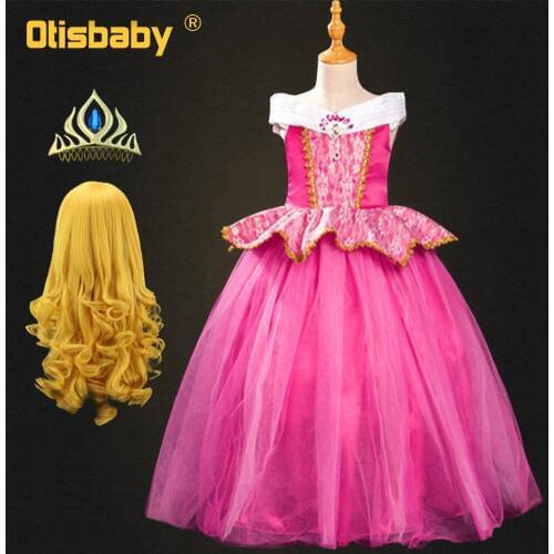 Fancy Princess Aurora Dress for Children Girls Sleeping Beauty Dress Disguise Child Costume Halloween Outfits Kids Fairy Wig