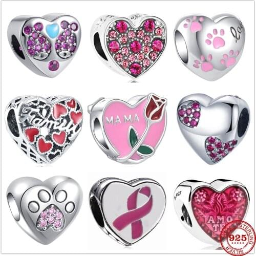 New Original Silver Pink Heart Dog Paw Flower Charm Bead fit Pandora charms silver 925 beads Bracelet for women DIY Jewelry Gift