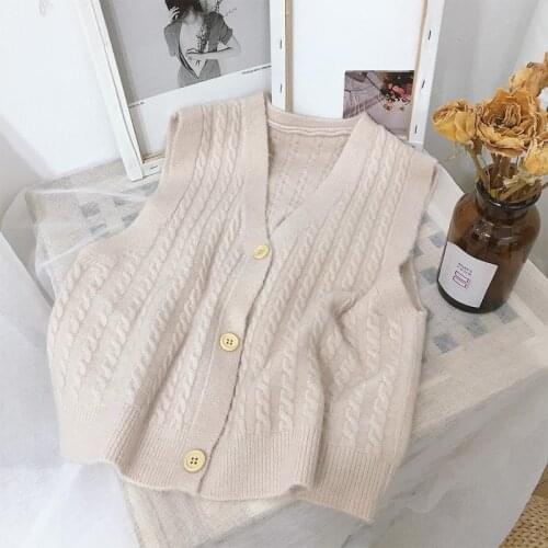 Solid color V-neck single-breasted knitted cardigan vest womens autumn and winter new retro style outer sleeveless sweater