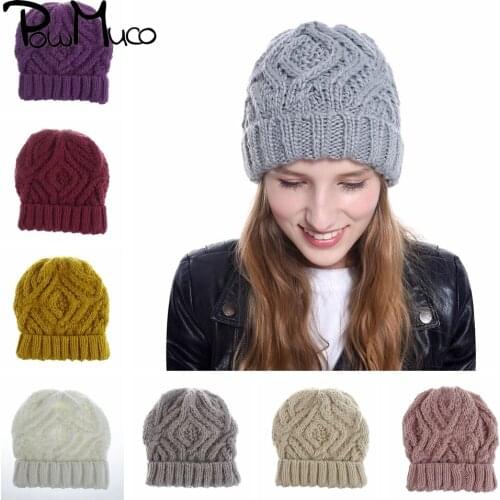 Powmuco Autumn and Winter Solid Color Curled Coarse Wool Cap Warming Knitted Beanies Stretchy Women Hats Crochet Weave Headwear