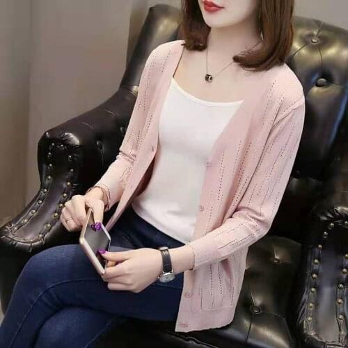 Women 221 Summer New Fashion Solid Color Thin Shawl Female Ice Silk Sunscreen Shirts Ladies V-neck Loose Knitted Blouses W152