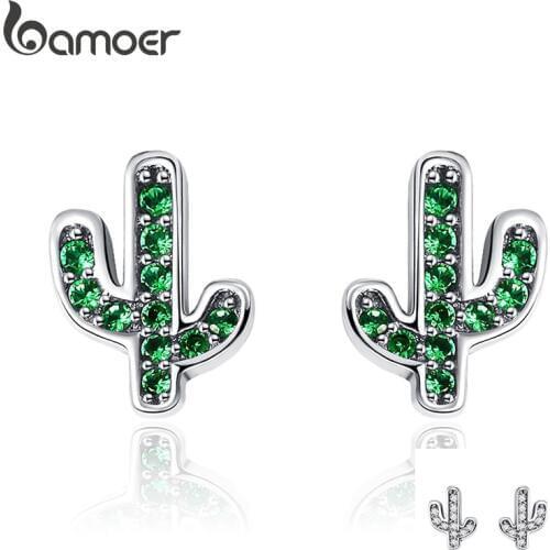 BAMOER Hot Sale 925 Sterling Silver Dazzling Green Cactus Crystal Stud Earrings for Women Authentic Silver Jewelry Bijoux SCE097