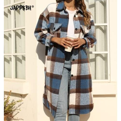 Autumn Plaid Woolen Coat Women 2021 Casual Single-breasted Loose Long Shirt Jackets Female Retro British Warm Wool Trench Coat