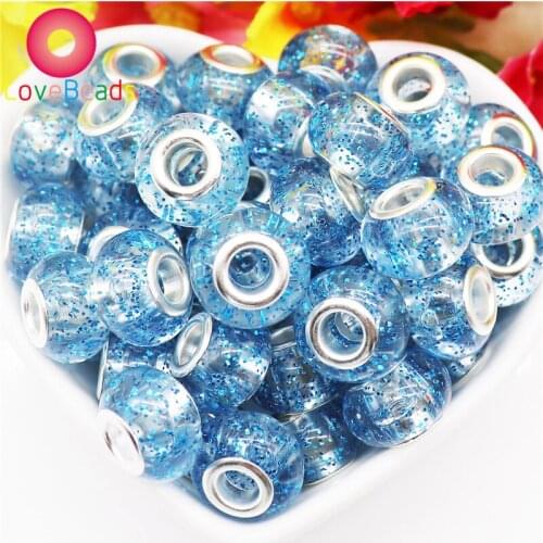 10Pcs Light Blue Indicolite Shining Sparkling Resin Murano Charms Big Hole Spacer Beads Fit Pandora Bracelet Necklace Hair Beads