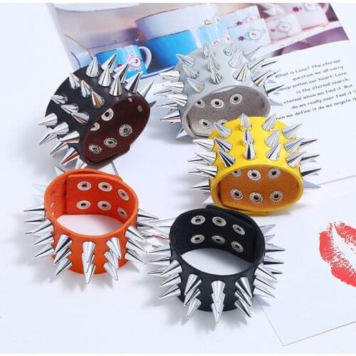 European American Punk Exaggerated Leather Bracelet Three Row Spike Imitation Leather White Red Black Bracelet Bar Bracelets