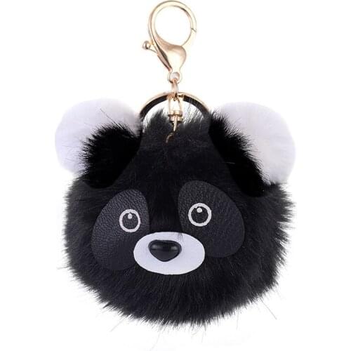 Cute Lovely Fluffy Panda Pom Pom Keychain For Women Bag Cars Leather Eyes Faux Fur Pompom Bear Key Chains Holder Accessories
