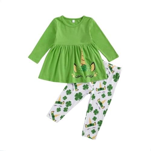 Citgeett Spring Autumn 2-7Y Kids Baby Girl 2Pcs Set Unicorn Print Long Sleeve Green Top+Clovers Pants St. Patricks Day Set