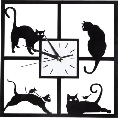 Decorative Wall Clocks 12-Inch Cat Clock Non Ticking Silent Creative Large Black Wall Clocks for Home Living Room Bathrooms Deco