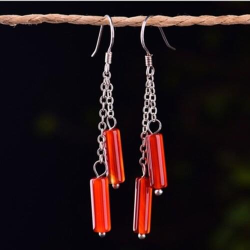 Natural Red Chalcedony Hand Carved Festive Long Earrings Fashion Boutique Jewelry Womens Red Agate Earrings