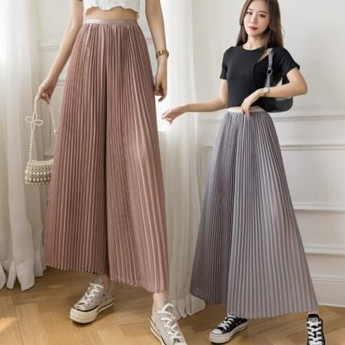 2021 Korean Pleated Womens Summer Chiffon Straight Trousers High Waist Wide Leg Pants Female Casual Culottes Pants For Women