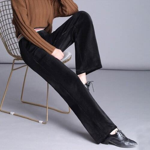 Korean HIgh Waist Loose Straight Pants Female 2021 New Thickening Velvet Flare Trouser Casual Warm Corduroy Wide Leg Pants Women