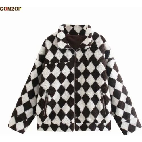Black White Plaid Women Autumn Winter Jackets Lamb Wool Long Sleeve Zipper Coats INS Harajuku Clothing Veste Femme