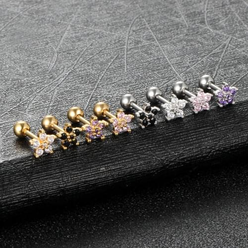 1PC 16G 316L Stainless Steel Gold Flower Helix Piercing Colorful Crystal Tragus Earring Cartilage Ear Stud Body Pircing Jewelry