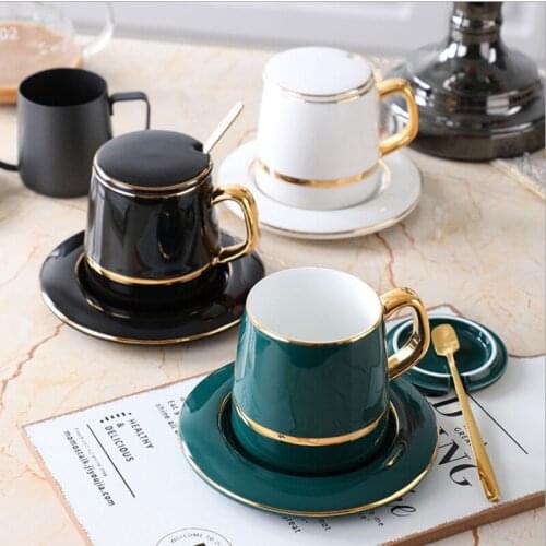 Coffee Cup Saucer Set Tea Cup Gold Trace Ceramic Mugs Milk Cup Fashion Color Porcelain Cup with Handle